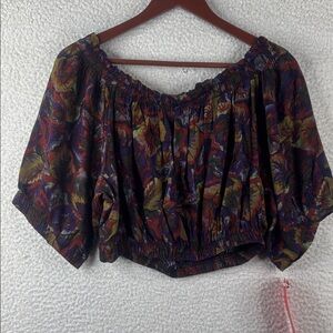 Allison Womens Purple Olive Green Floral Off The Shouder Cropped Blouse Size M
